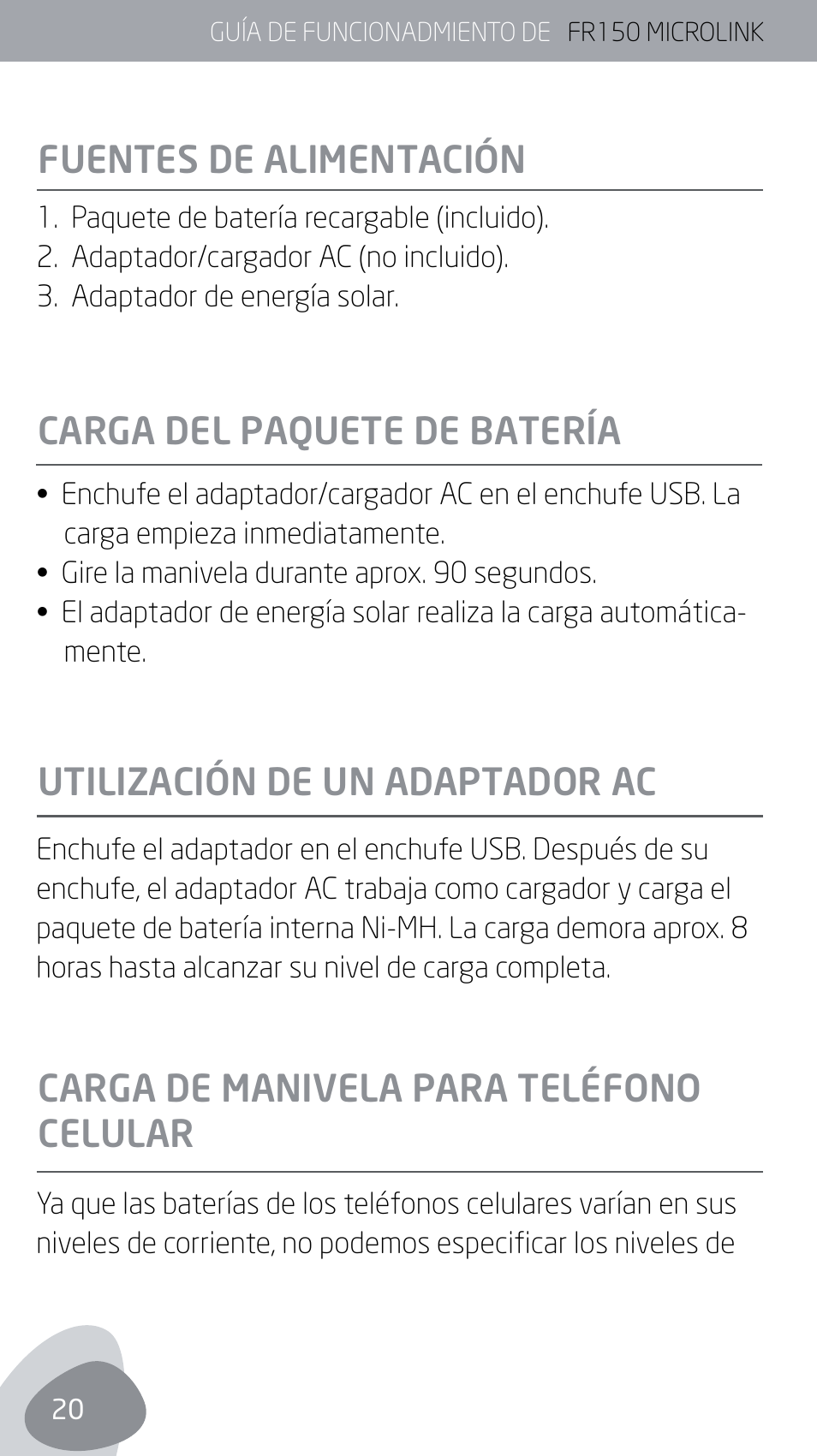 Fuentes de alimentación | Eton MICROLINK FR150 User Manual | Page 20 / 26