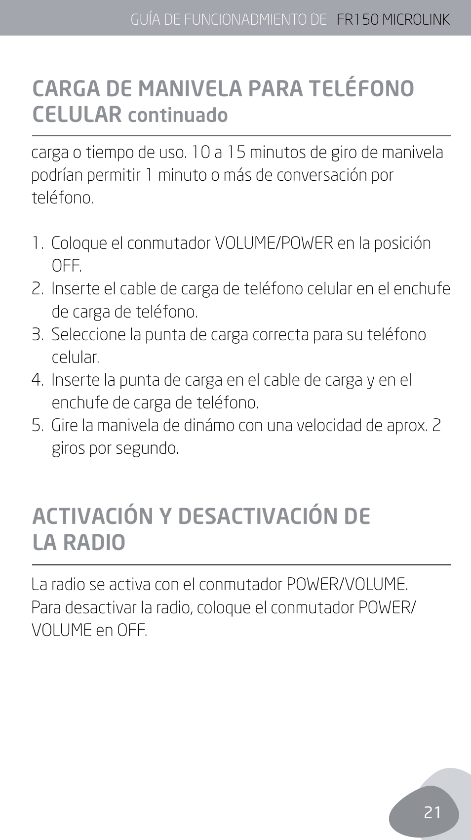 Carga de manivela para teléfono celular, Activación y desactivación de la radio | Eton MICROLINK FR150 User Manual | Page 21 / 26