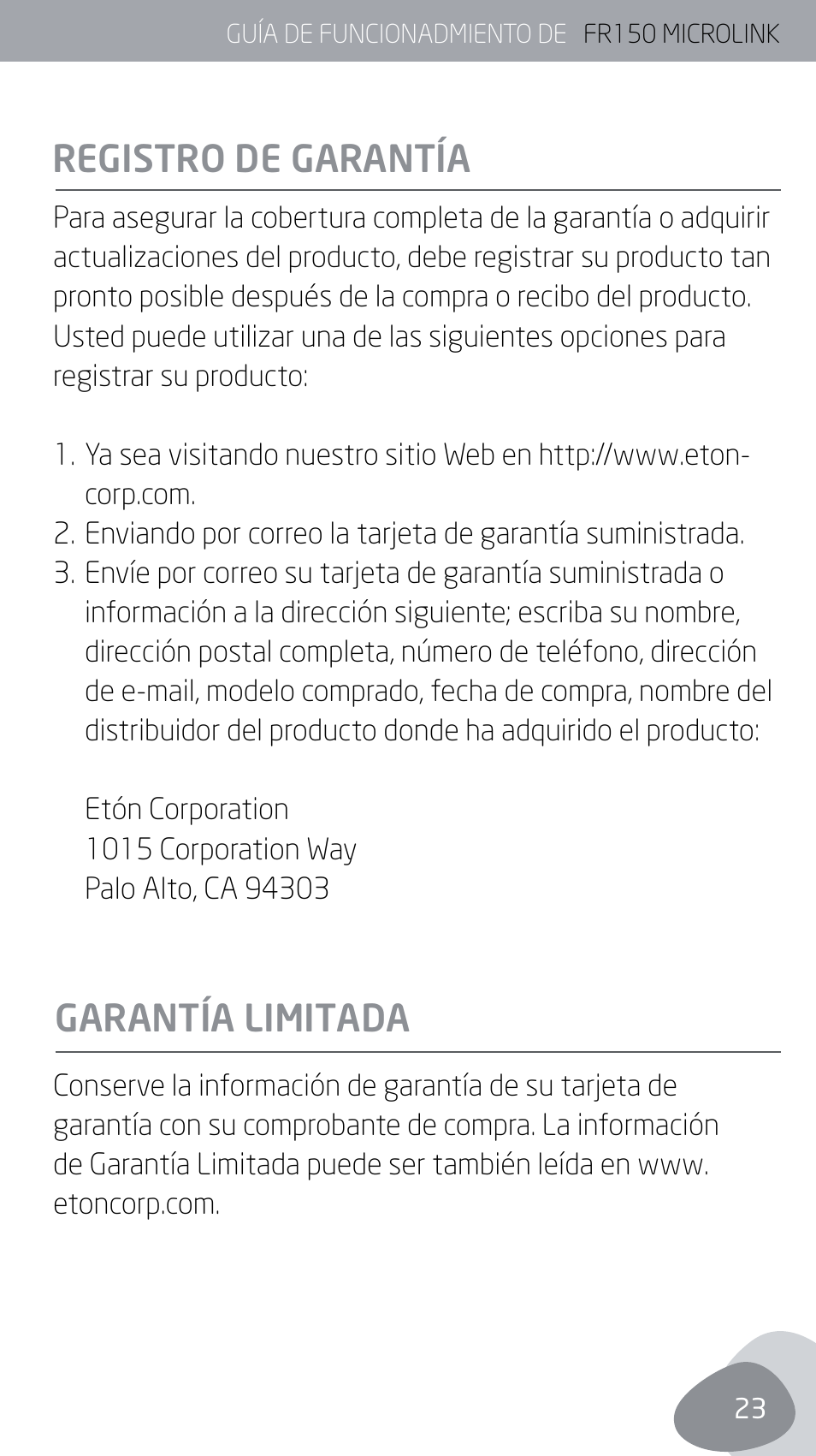 Registro de garantía garantía limitada | Eton MICROLINK FR150 User Manual | Page 23 / 26