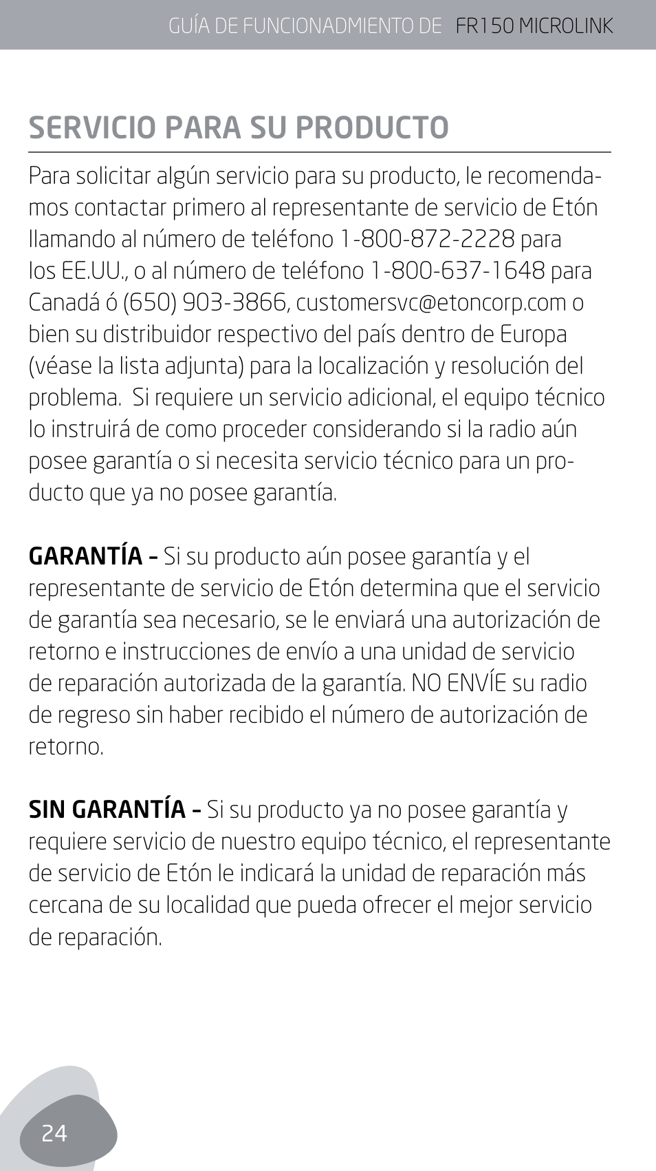 Servicio para su producto | Eton MICROLINK FR150 User Manual | Page 24 / 26