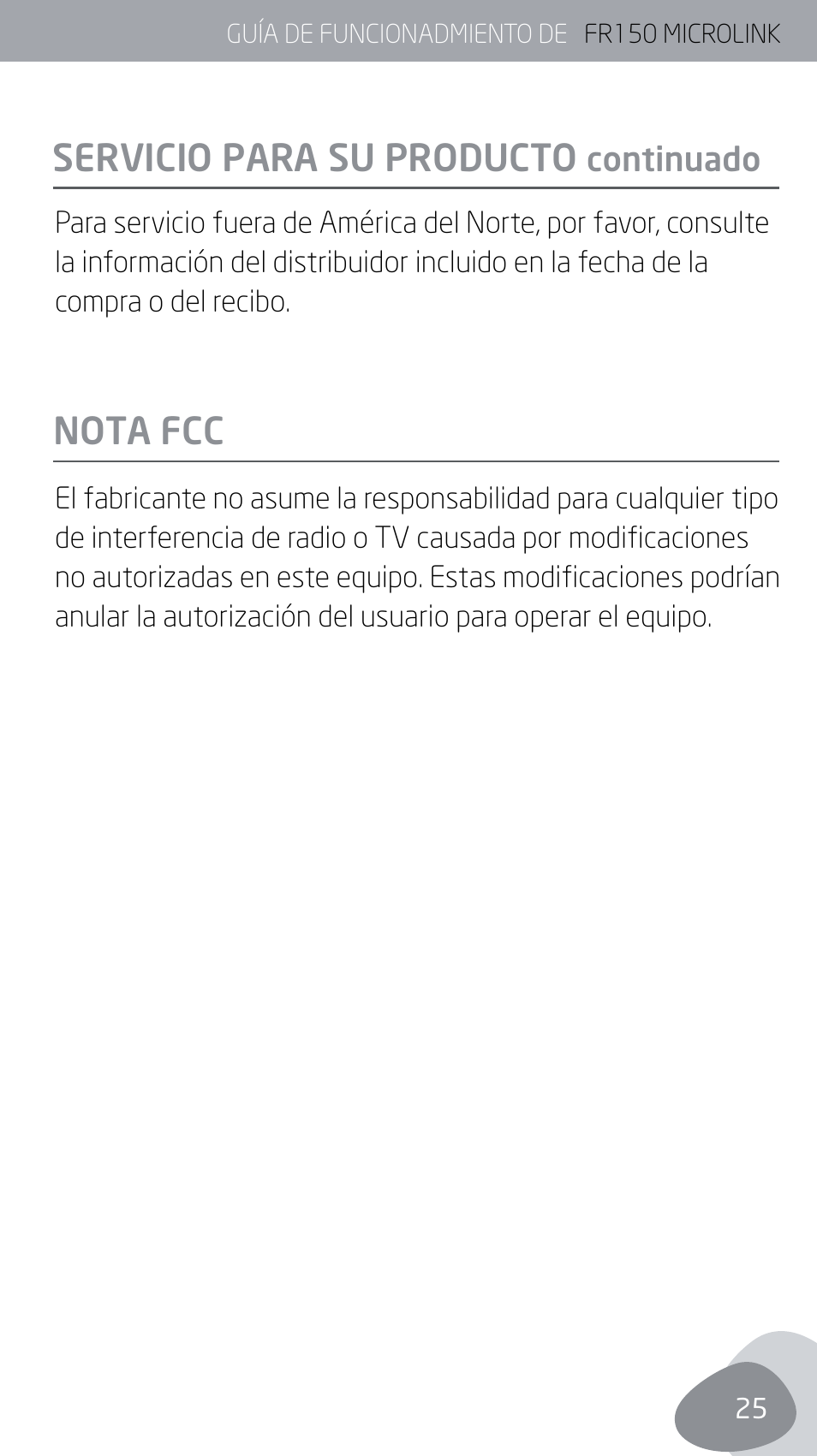 Nota fcc servicio para su producto | Eton MICROLINK FR150 User Manual | Page 25 / 26