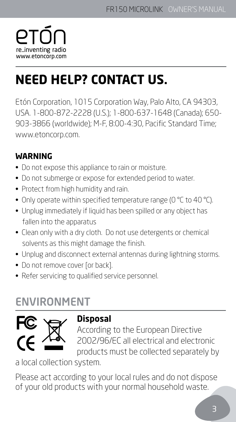 Need help? contact us, Environment | Eton MICROLINK FR150 User Manual | Page 3 / 26