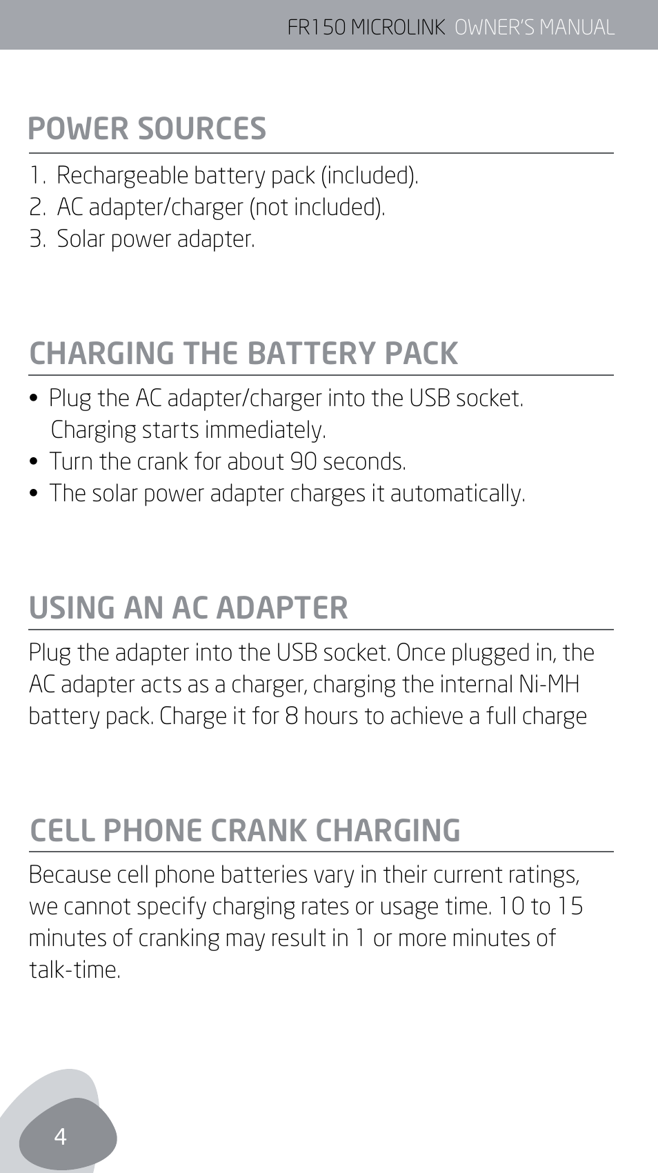 Power sources | Eton MICROLINK FR150 User Manual | Page 4 / 26