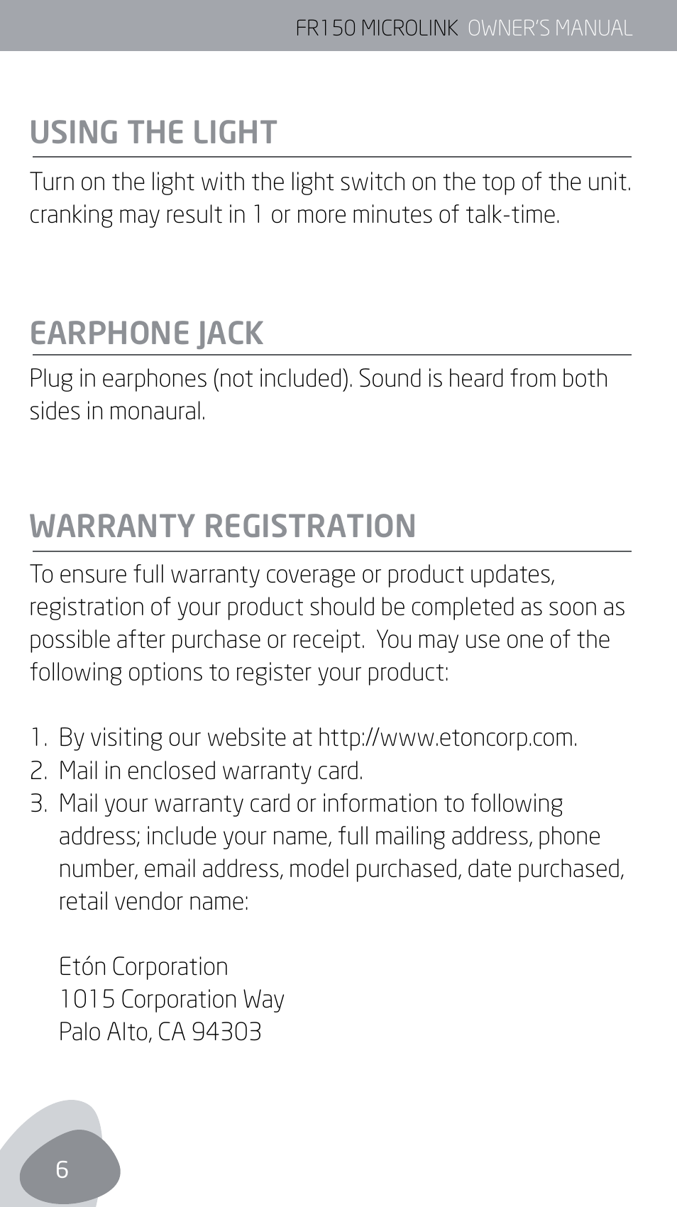 Using the light, Earphone jack warranty registration | Eton MICROLINK FR150 User Manual | Page 6 / 26