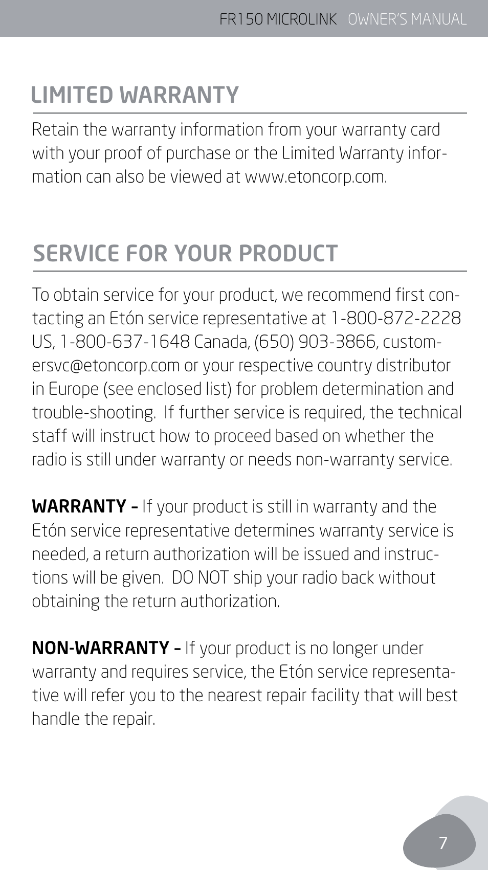 Limited warranty service for your product | Eton MICROLINK FR150 User Manual | Page 7 / 26