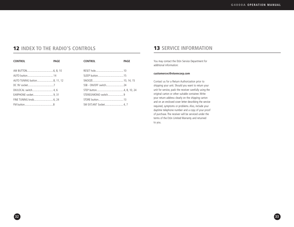 13 service information, 12 index to the radio’s controls | Eton G4000A User Manual | Page 17 / 19
