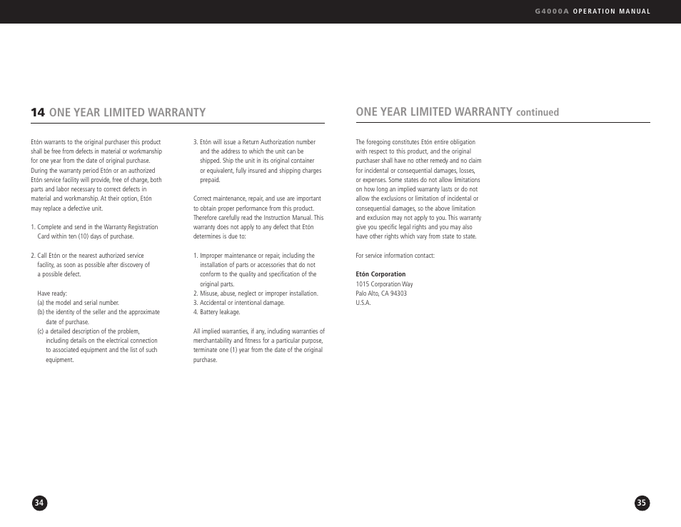 One year limited warranty, 14 one year limited warranty, Continued | Eton G4000A User Manual | Page 18 / 19