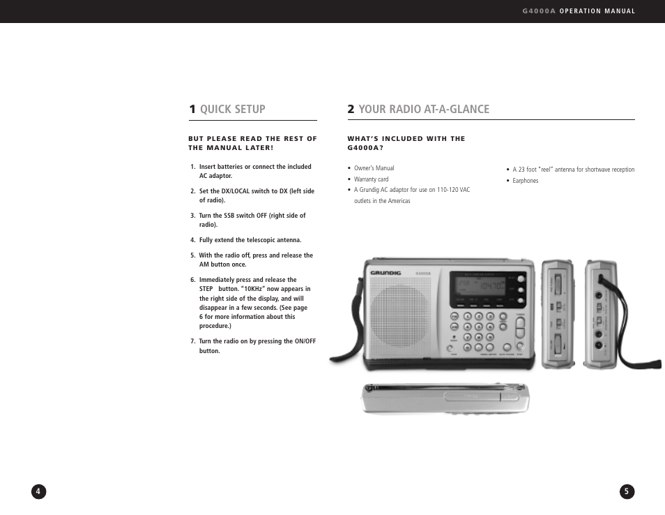 2your radio at-a-glance, 1quick setup | Eton G4000A User Manual | Page 3 / 19