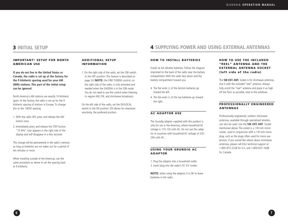 4supplying power and using external antennas, 3initial setup | Eton G4000A User Manual | Page 4 / 19