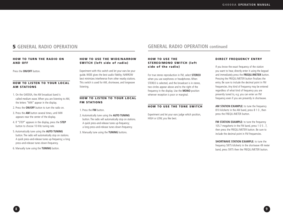 General radio operation, 5general radio operation, Continued | Eton G4000A User Manual | Page 5 / 19