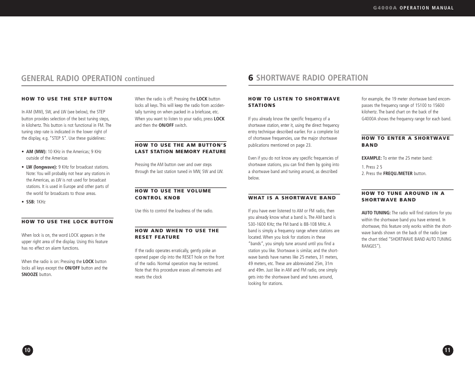 6shortwave radio operation, General radio operation, Continued | Eton G4000A User Manual | Page 6 / 19