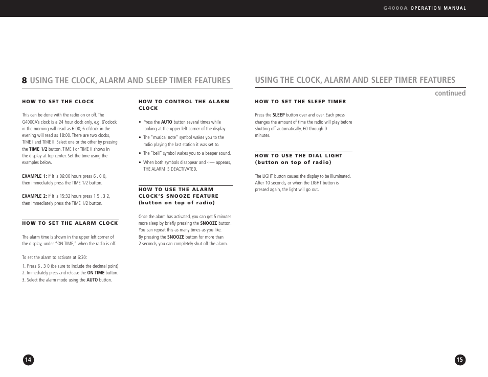 Using the clock, alarm and sleep timer features, 8using the clock, alarm and sleep timer features, Continued | Eton G4000A User Manual | Page 8 / 19