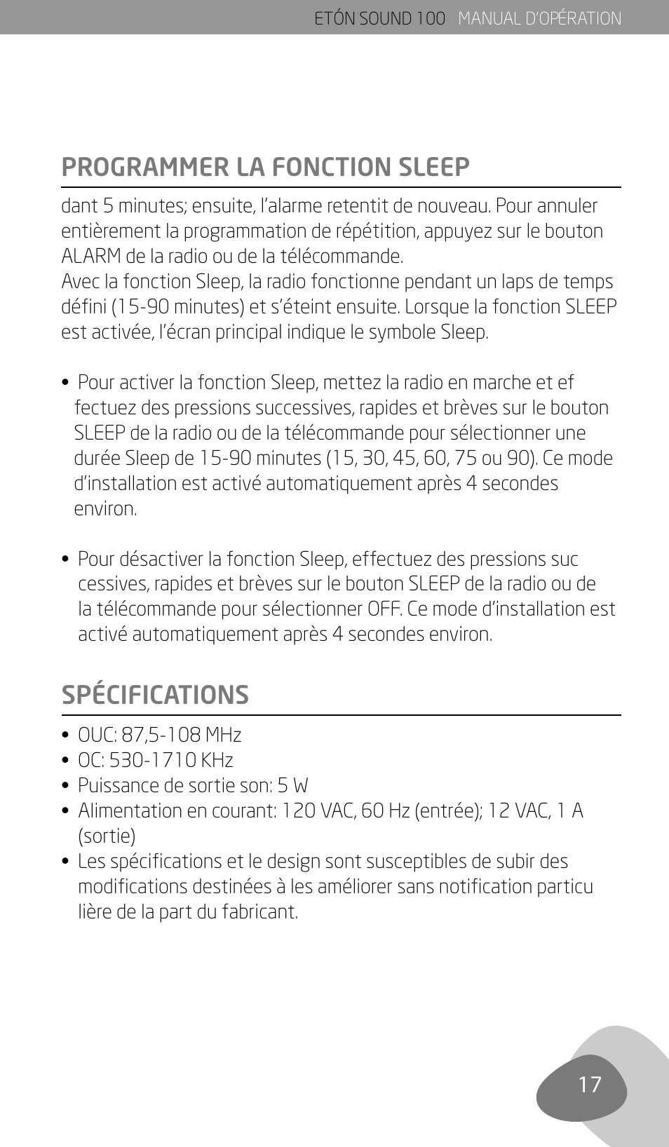 Programmer la fonction sleep spécifications | Eton Sound 100 User Manual | Page 19 / 52