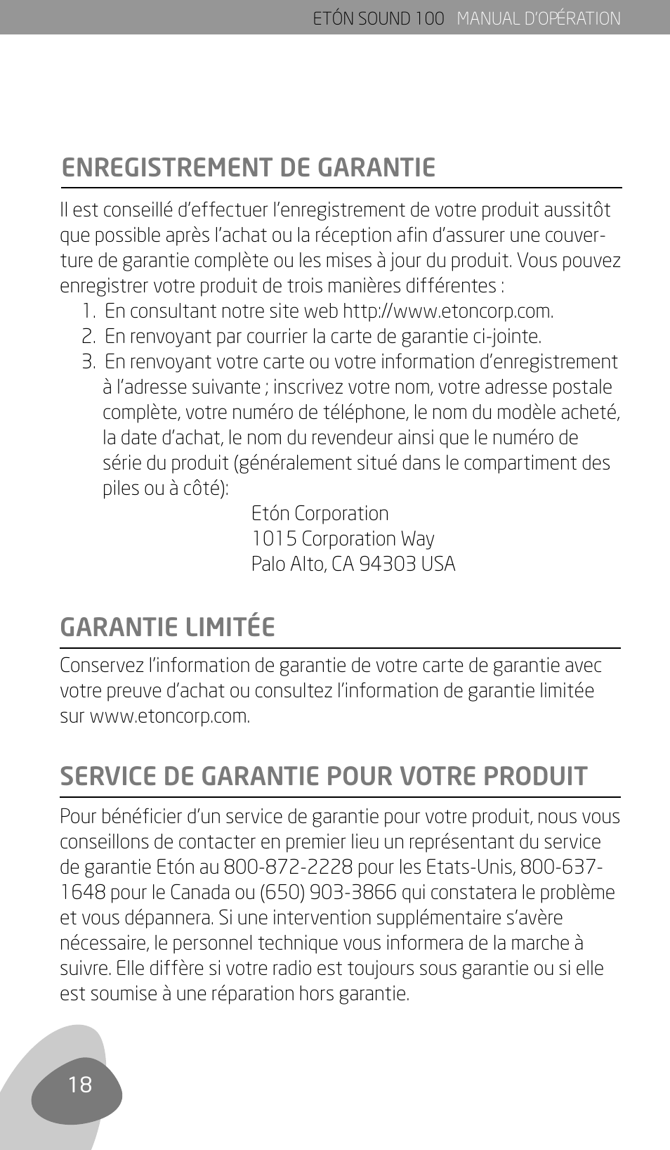 Enregistrement de garantie | Eton Sound 100 User Manual | Page 20 / 52