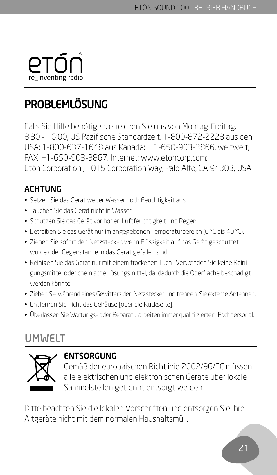 Problemlösung, Umwelt | Eton Sound 100 User Manual | Page 23 / 52