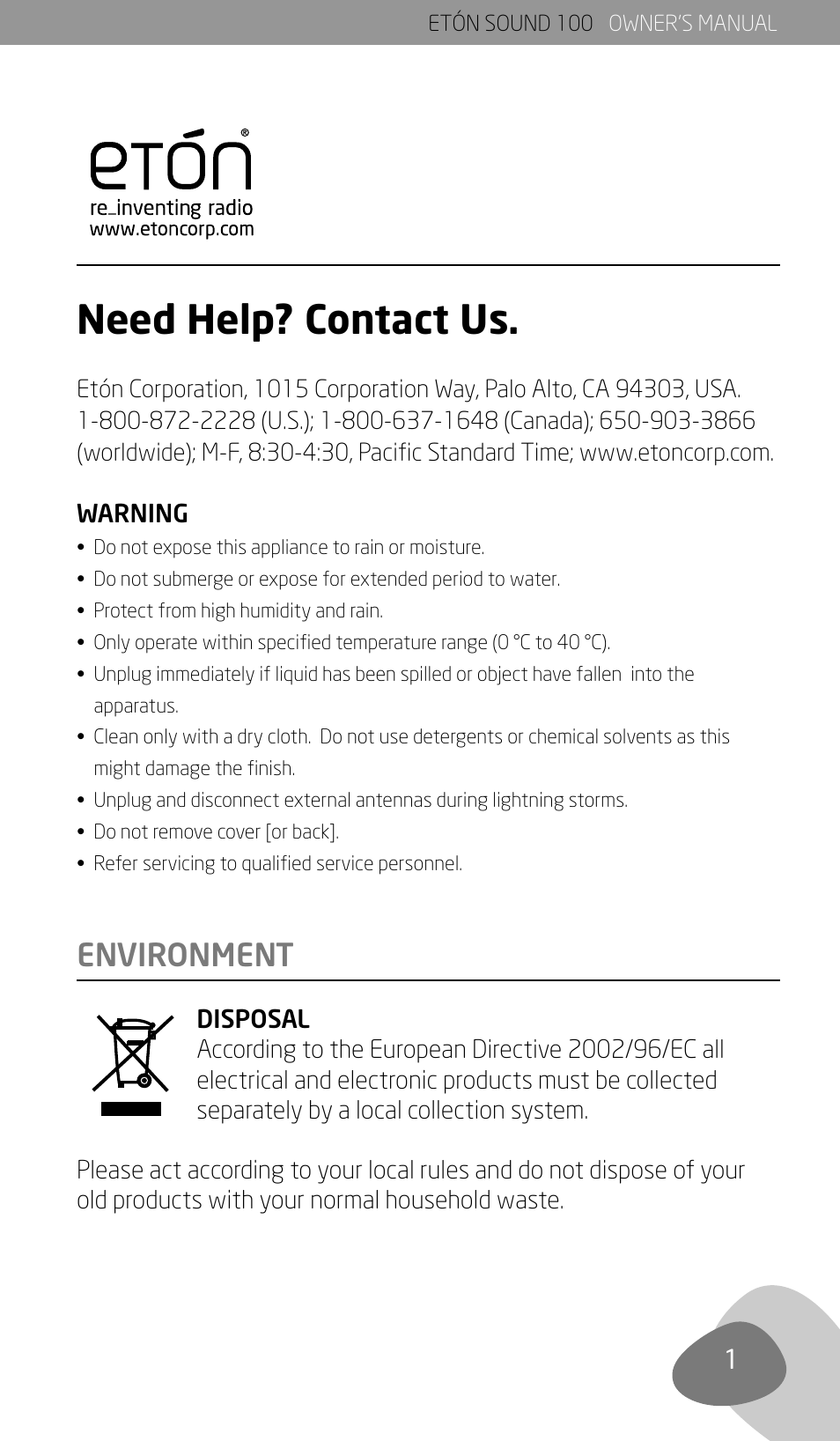 Need help? contact us, Environment | Eton Sound 100 User Manual | Page 3 / 52