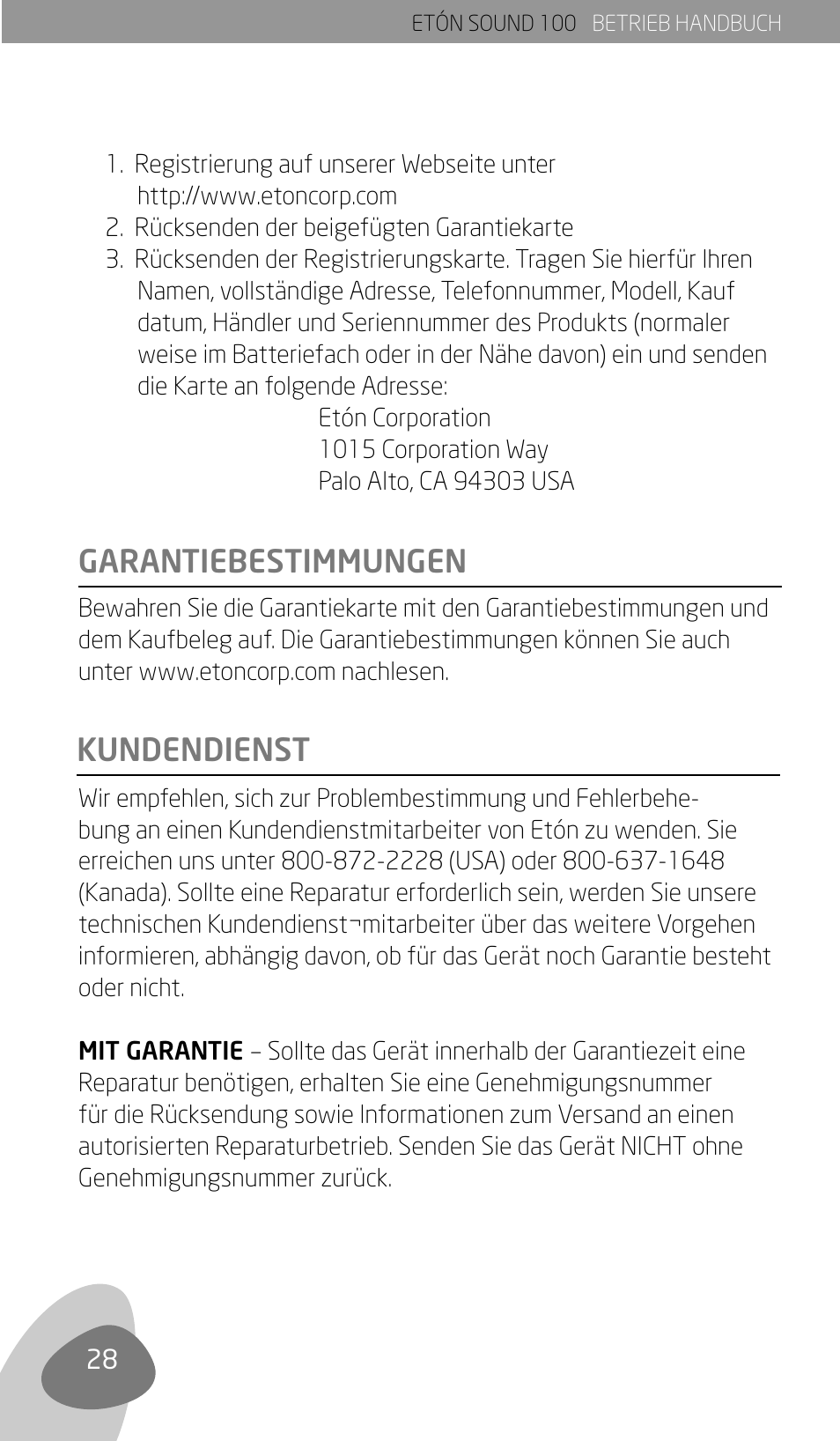 Garantiebestimmungen kundendienst | Eton Sound 100 User Manual | Page 30 / 52