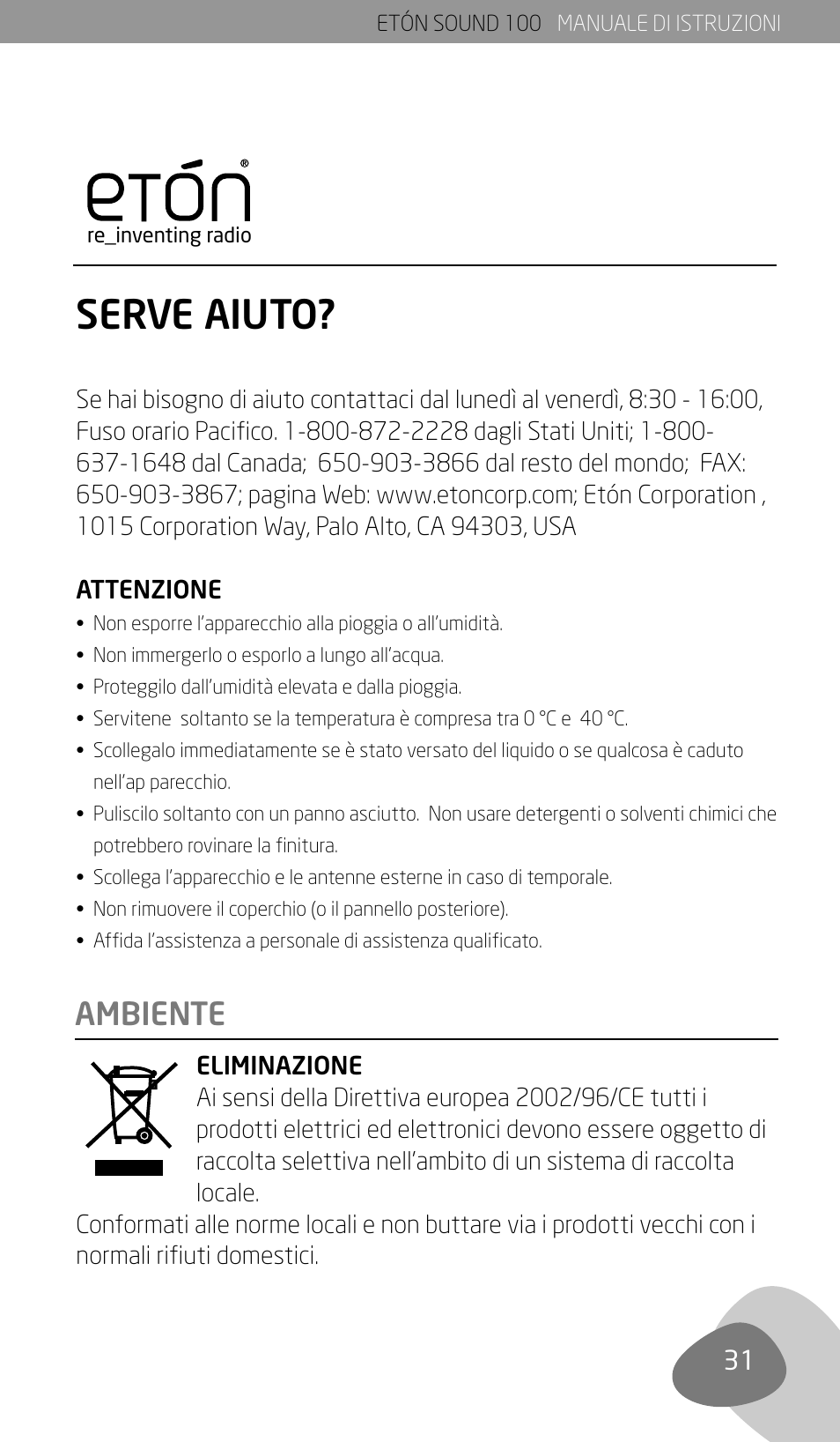 Serve aiuto, Ambiente | Eton Sound 100 User Manual | Page 33 / 52