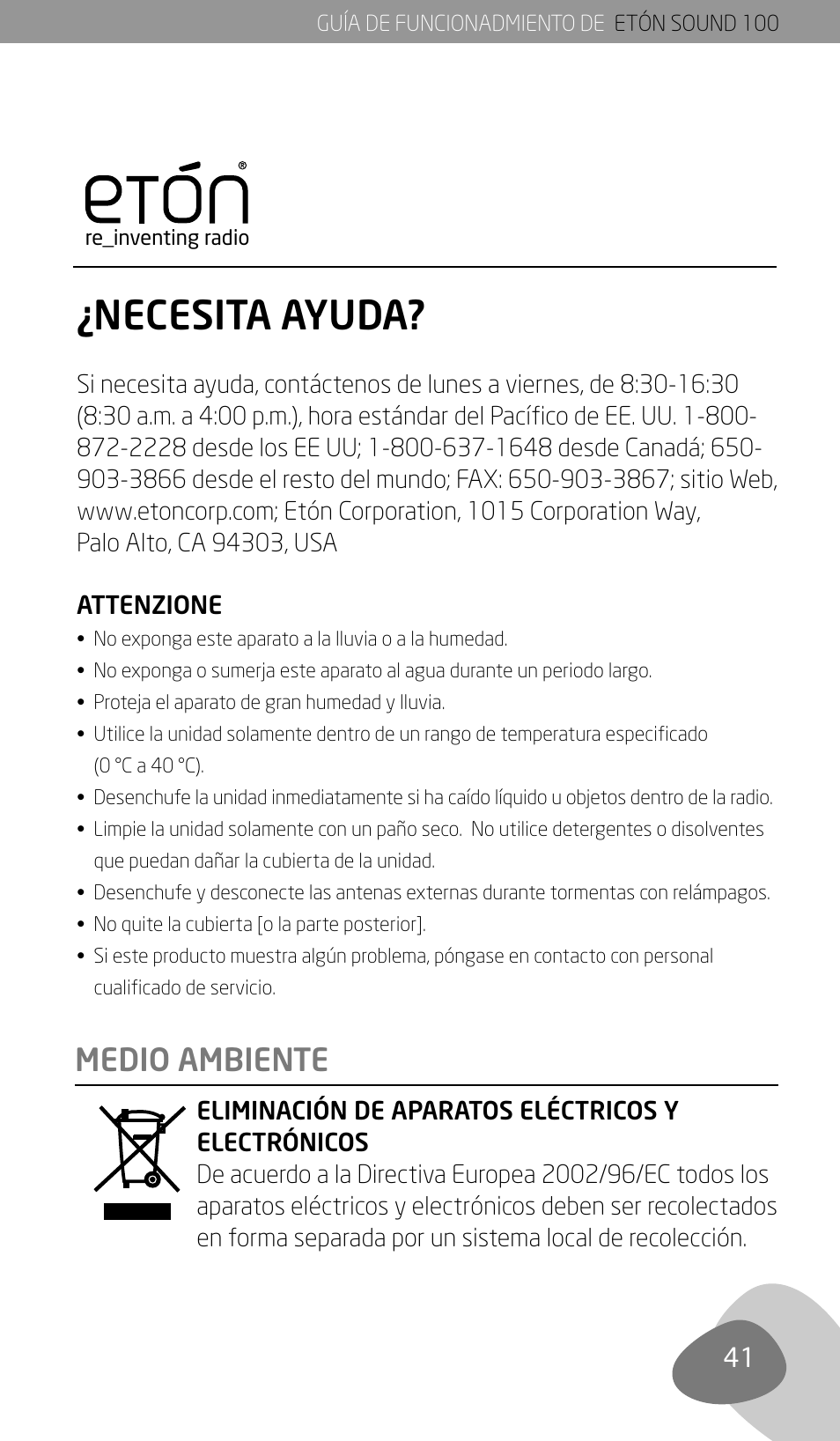 Necesita ayuda, Medio ambiente | Eton Sound 100 User Manual | Page 43 / 52