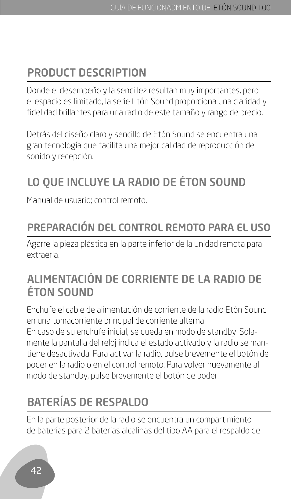 Product description baterías de respaldo | Eton Sound 100 User Manual | Page 44 / 52