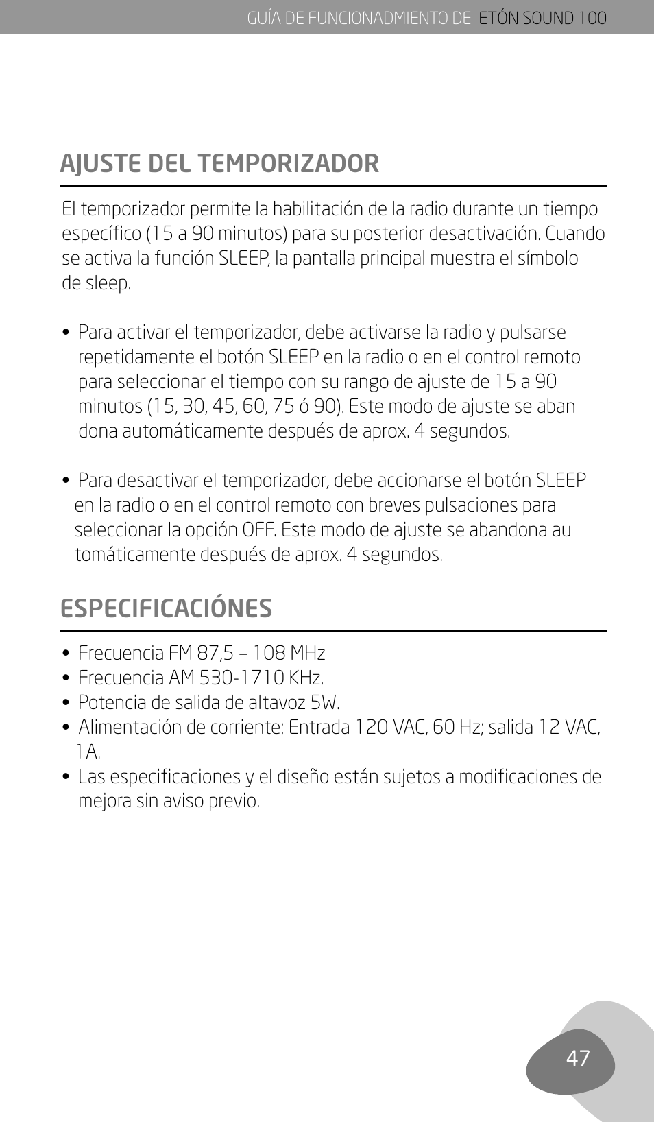 Especificaciónes ajuste del temporizador | Eton Sound 100 User Manual | Page 49 / 52