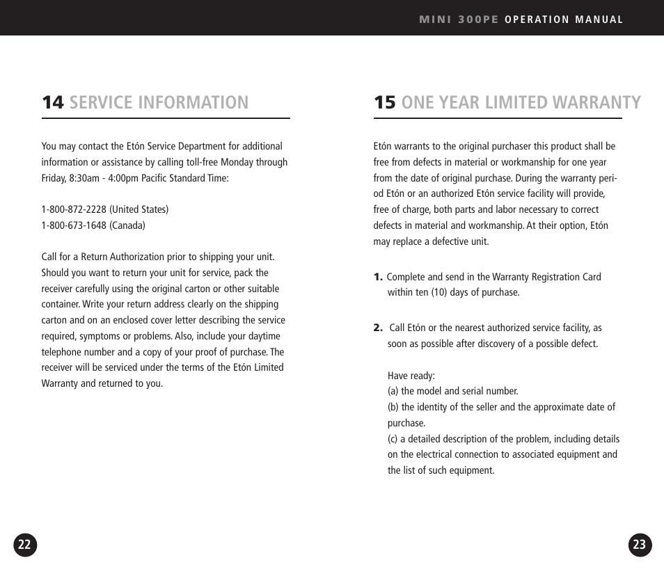 15 one year limited warranty, 14 service information | Eton Mini300PE User Manual | Page 12 / 38