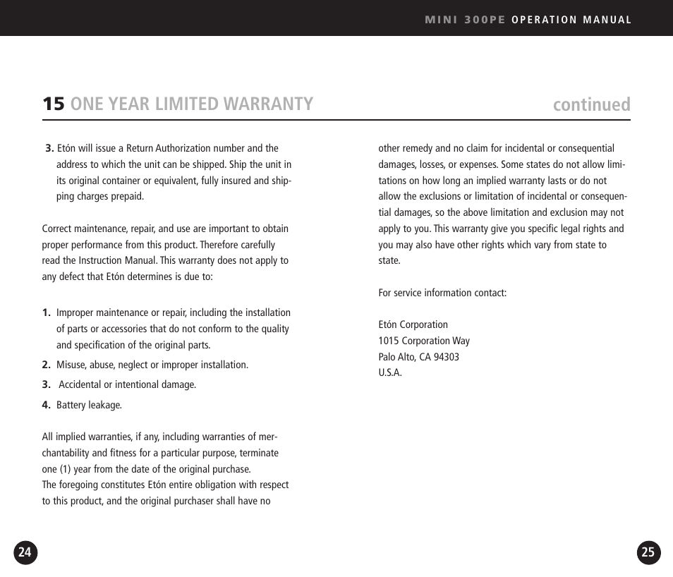 Continued, 15 one year limited warranty | Eton Mini300PE User Manual | Page 13 / 38