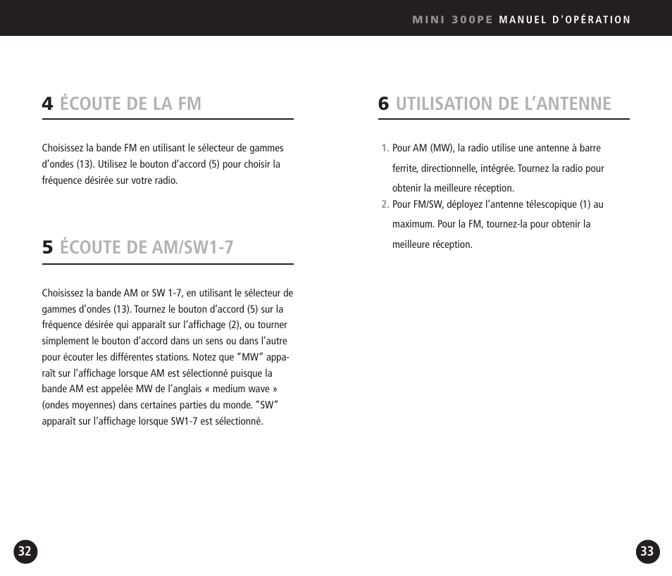 6utilisation de l’antenne, 4écoute de la fm, 5écoute de am/sw1-7 | Eton Mini300PE User Manual | Page 17 / 38