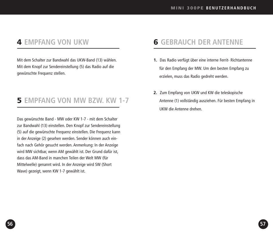 6gebrauch der antenne, 4empfang von ukw, 5empfang von mw bzw. kw 1-7 | Eton Mini300PE User Manual | Page 29 / 38