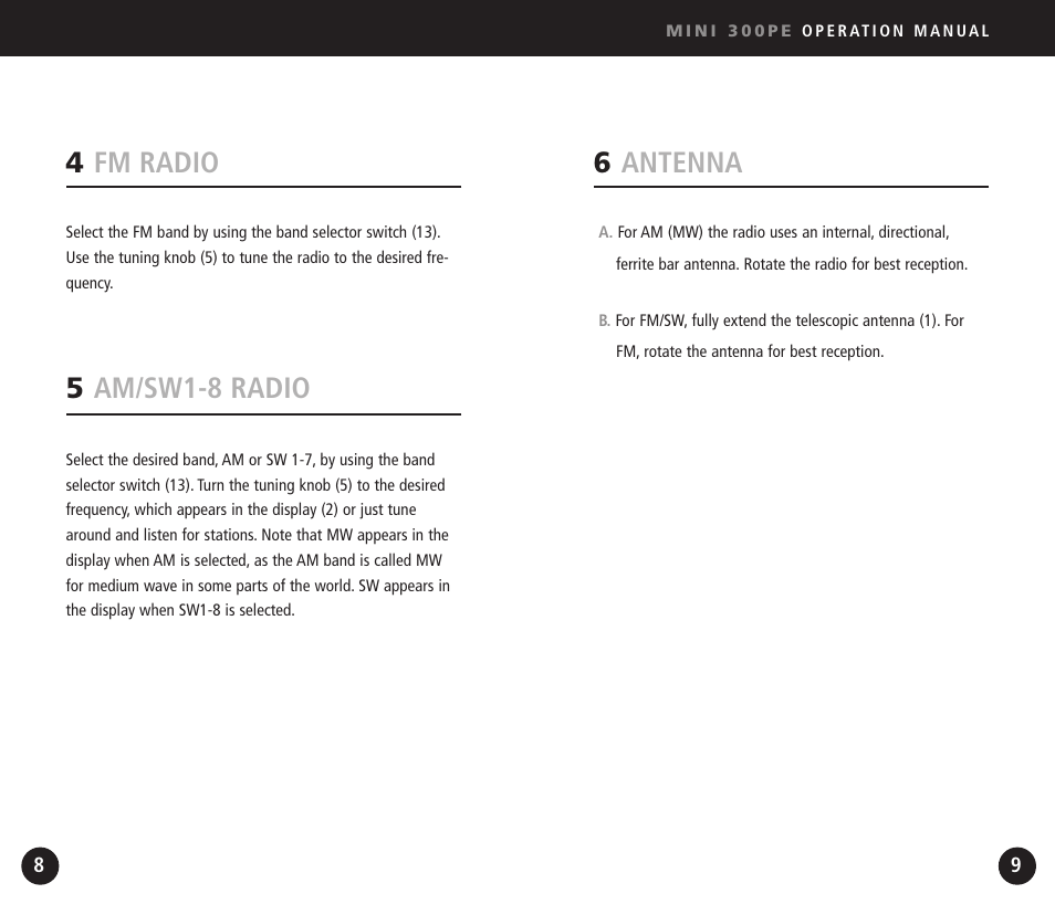 6antenna, 4fm radio, 5am/sw1-8 radio | Eton Mini300PE User Manual | Page 5 / 38