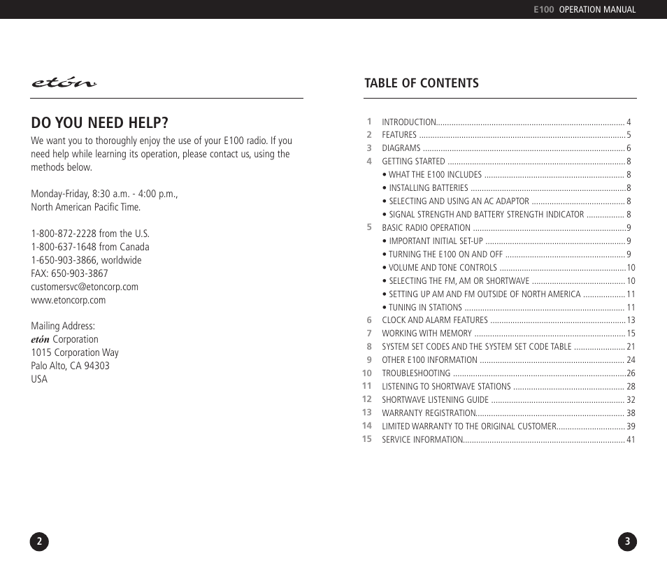 Do you need help | Eton E100 User Manual | Page 2 / 22