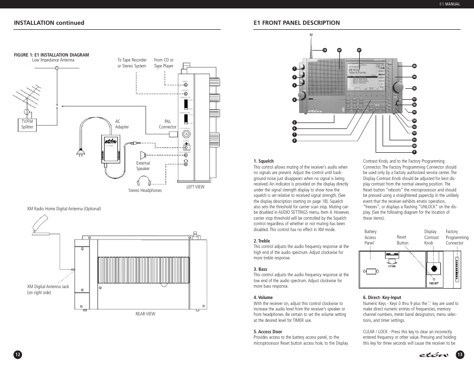 Installation continued e1 front panel description | Eton E1 User Manual | Page 7 / 40
