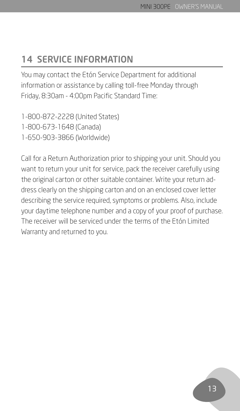 14 service information | Eton 300PE User Manual | Page 15 / 19
