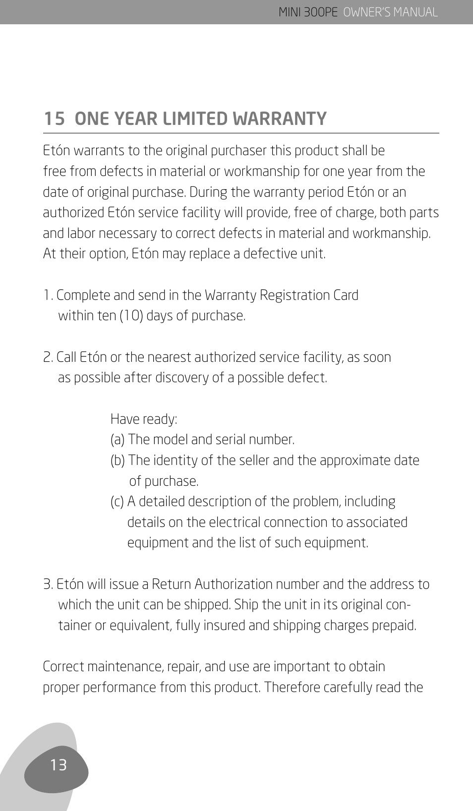 15 one year limited warranty | Eton 300PE User Manual | Page 16 / 19