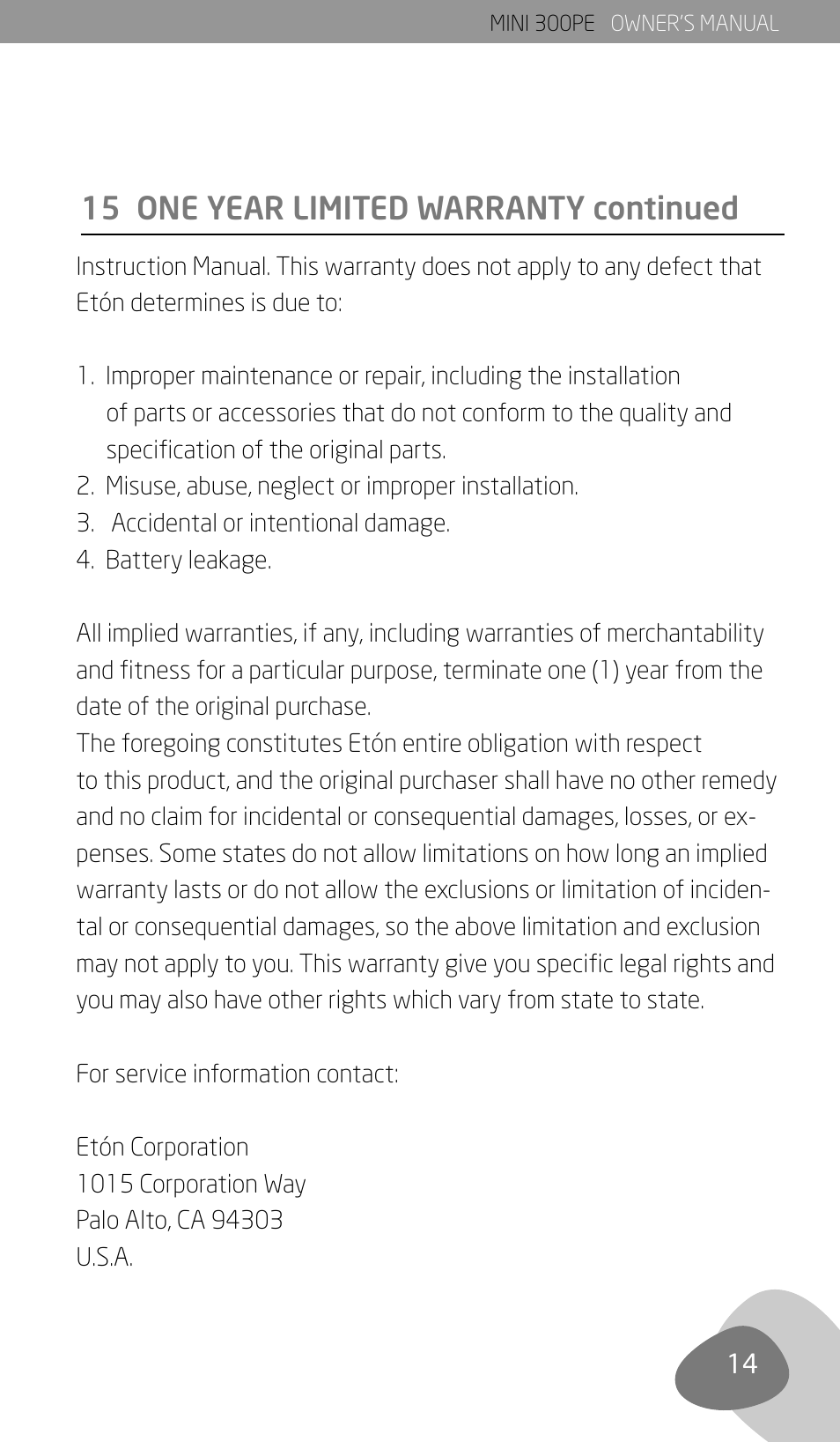 15 one year limited warranty continued | Eton 300PE User Manual | Page 17 / 19