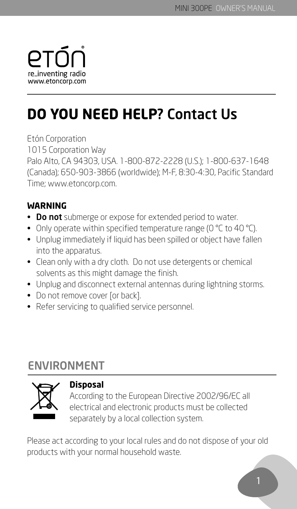 Do you need help ? contact us, Environment | Eton 300PE User Manual | Page 3 / 19