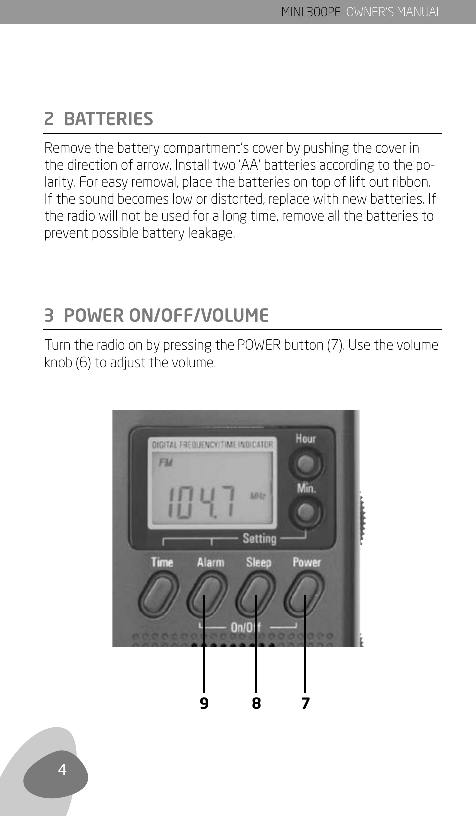 2 batteries, 3 power on/off/volume | Eton 300PE User Manual | Page 6 / 19