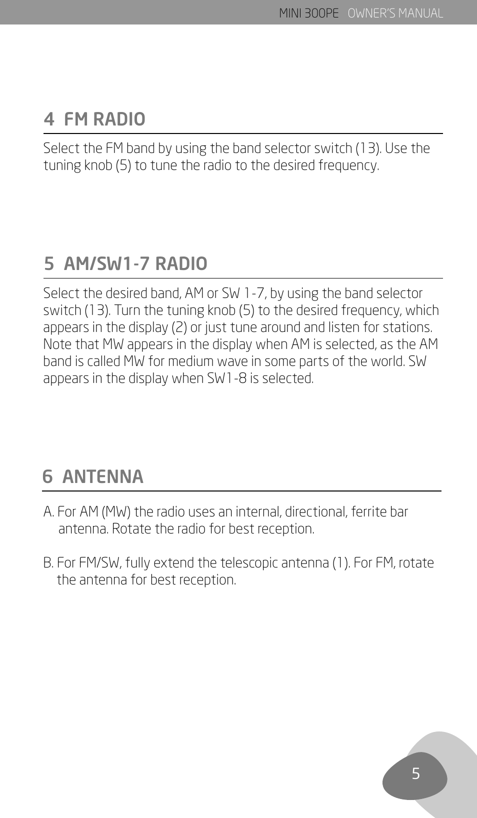4 fm radio 5 am/sw1-7 radio, 6 antenna | Eton 300PE User Manual | Page 7 / 19