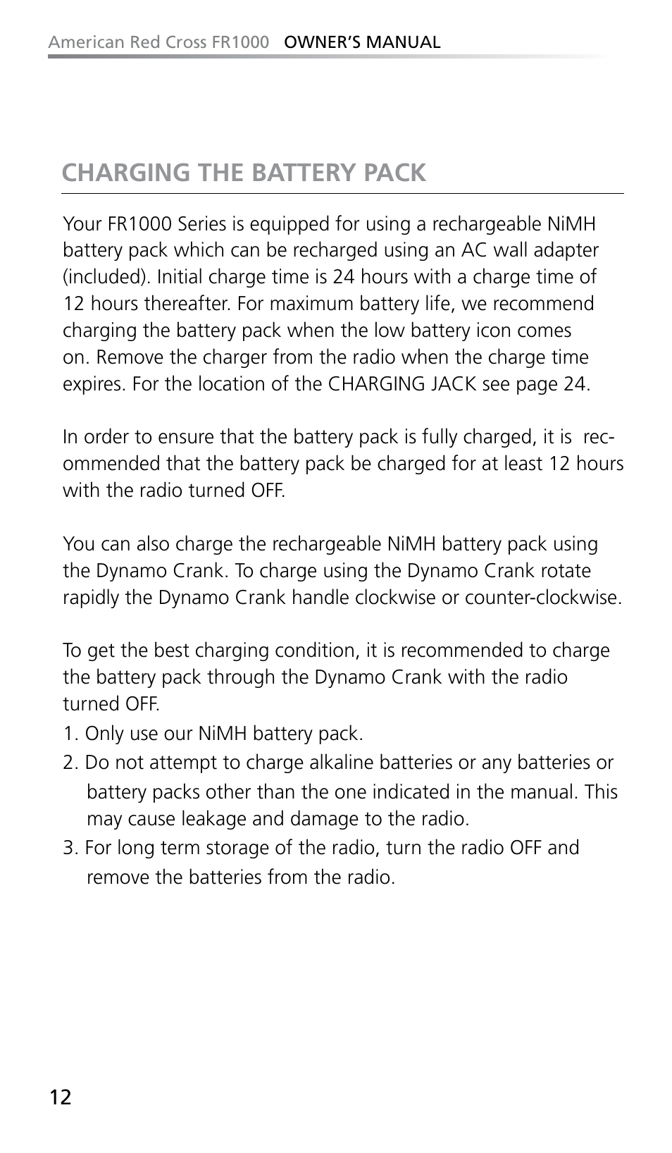 Charging the battery pack | Eton FR1000 User Manual | Page 12 / 66