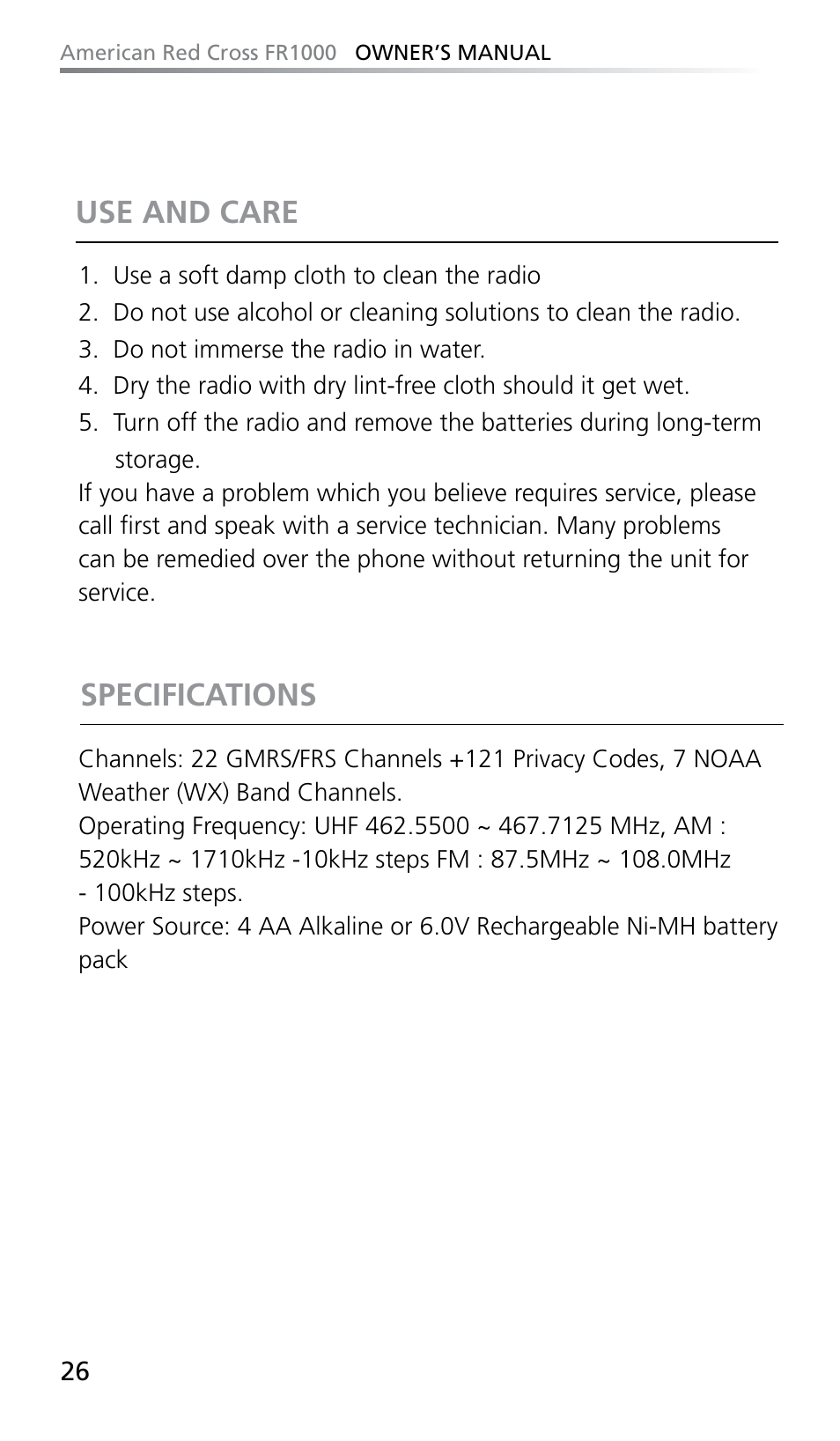 Use and care, Specifications | Eton FR1000 User Manual | Page 26 / 66