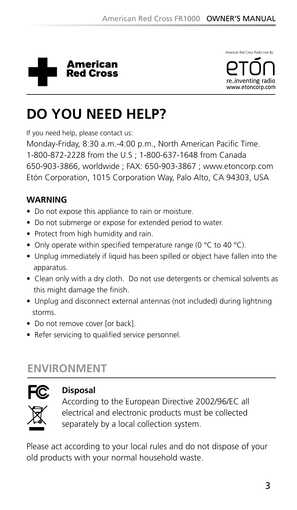 Do you need help, Environment | Eton FR1000 User Manual | Page 3 / 66