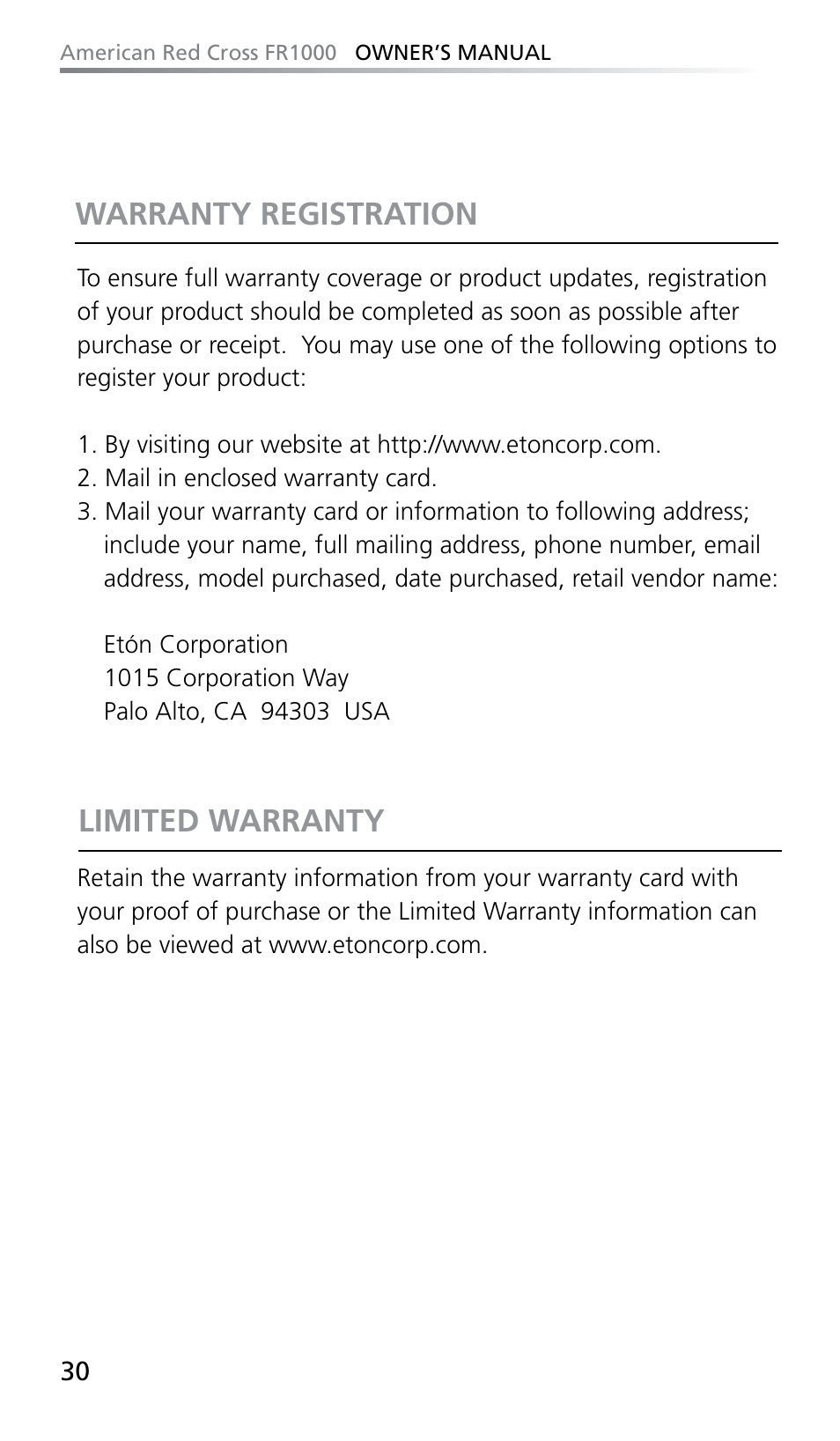 Warranty registration limited warranty | Eton FR1000 User Manual | Page 30 / 66