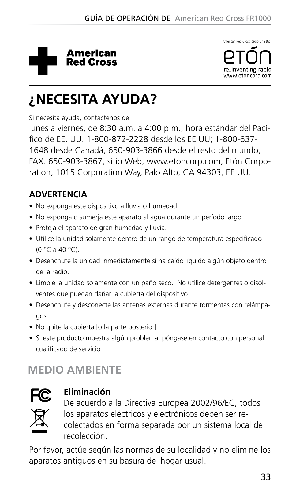 Necesita ayuda, Medio ambiente | Eton FR1000 User Manual | Page 33 / 66