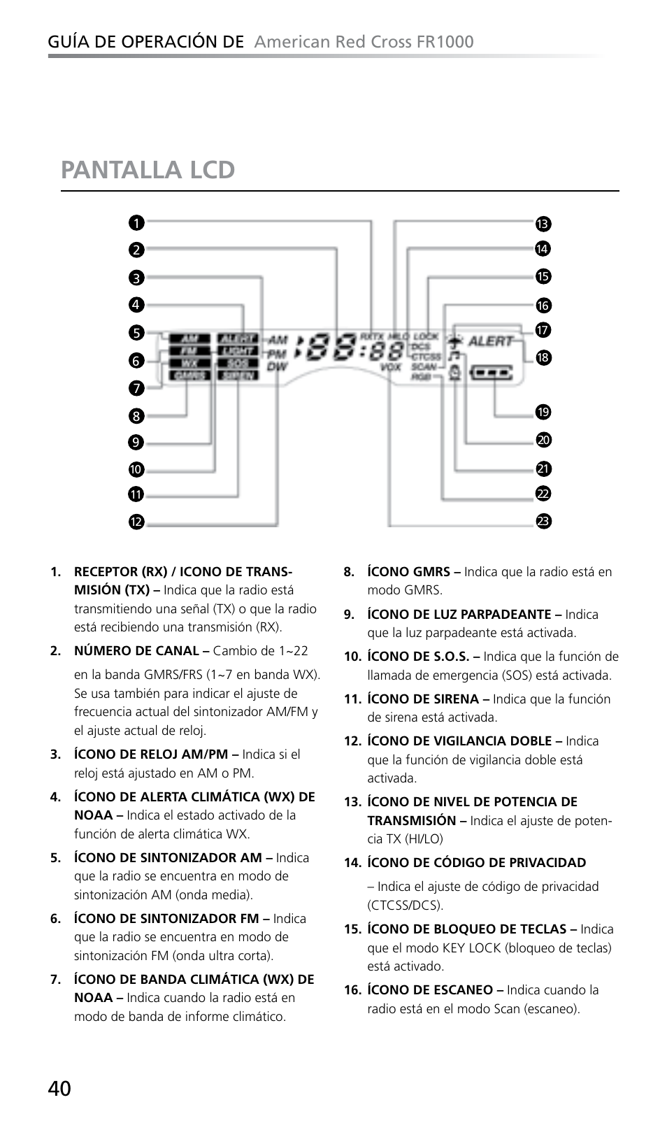 Pantalla lcd, Guía de operación de american red cross fr1000 | Eton FR1000 User Manual | Page 40 / 66