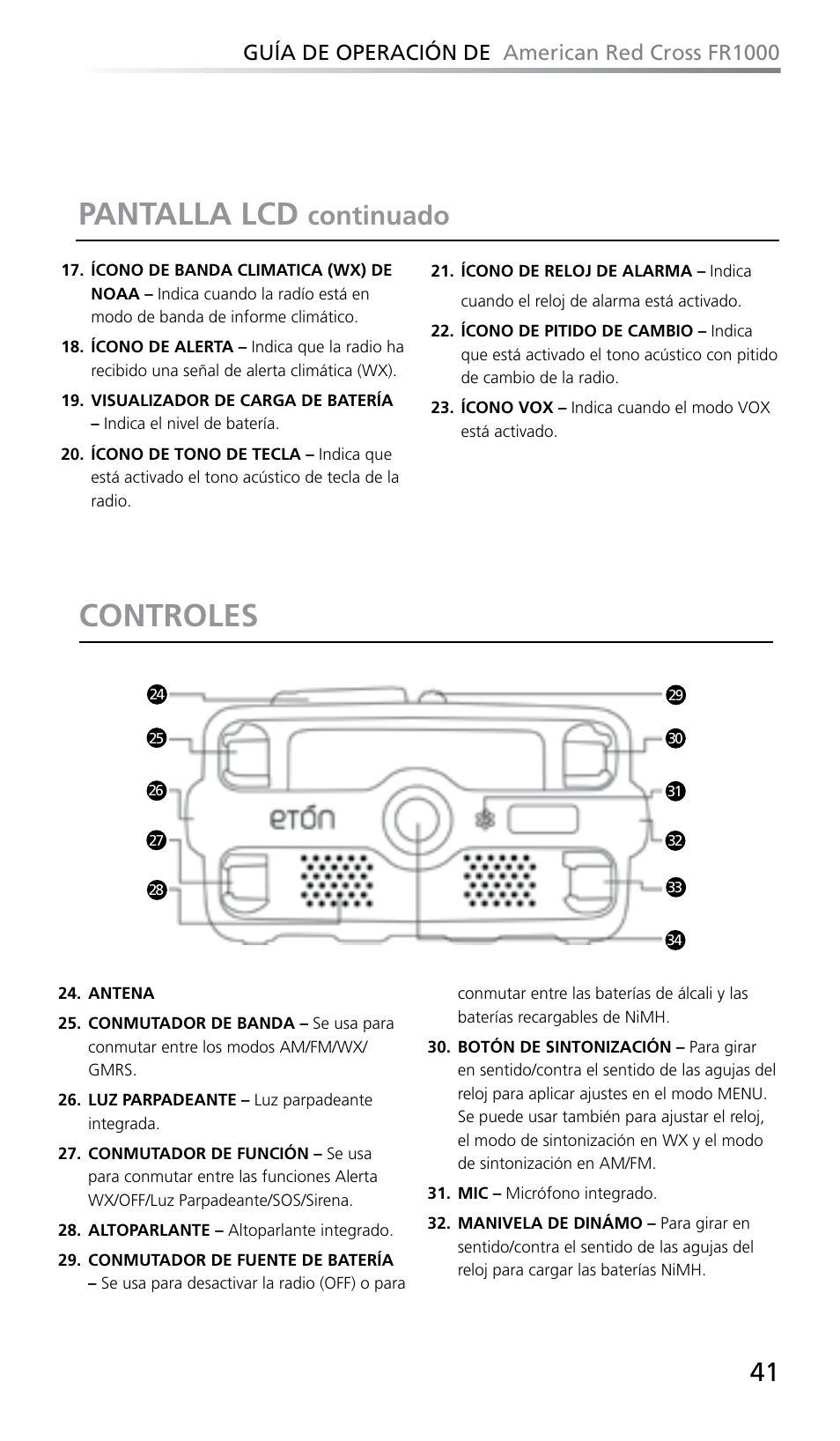 Pantalla lcd, Controles, Continuado | Eton FR1000 User Manual | Page 41 / 66