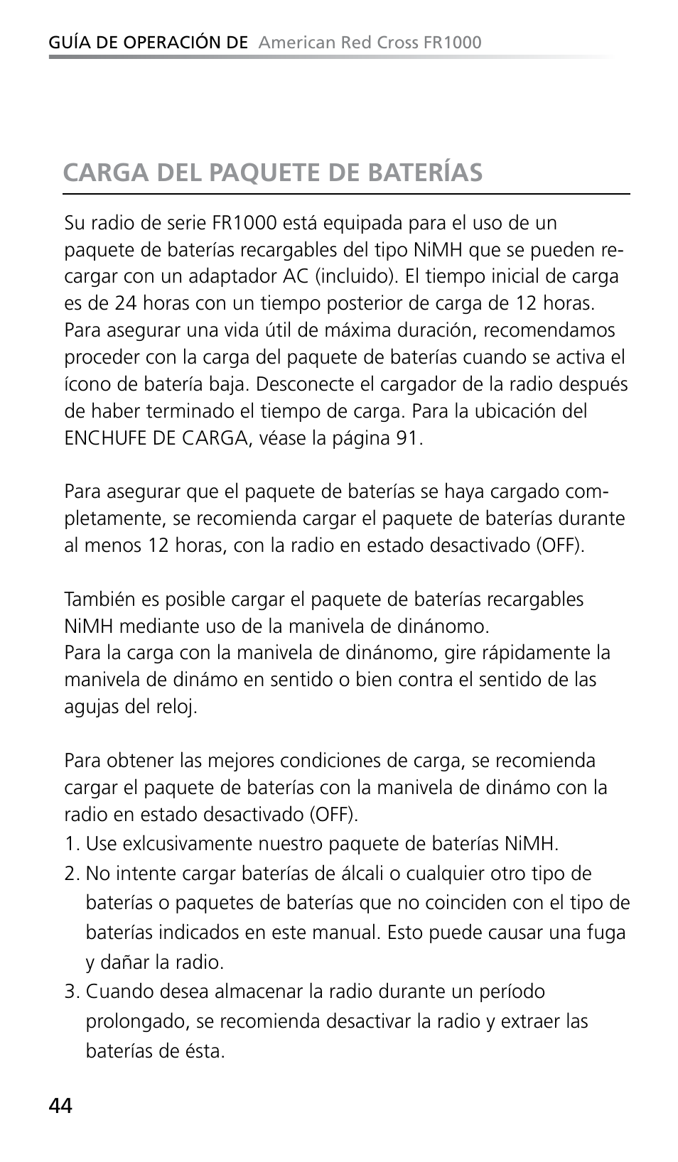 Carga del paquete de baterías | Eton FR1000 User Manual | Page 44 / 66
