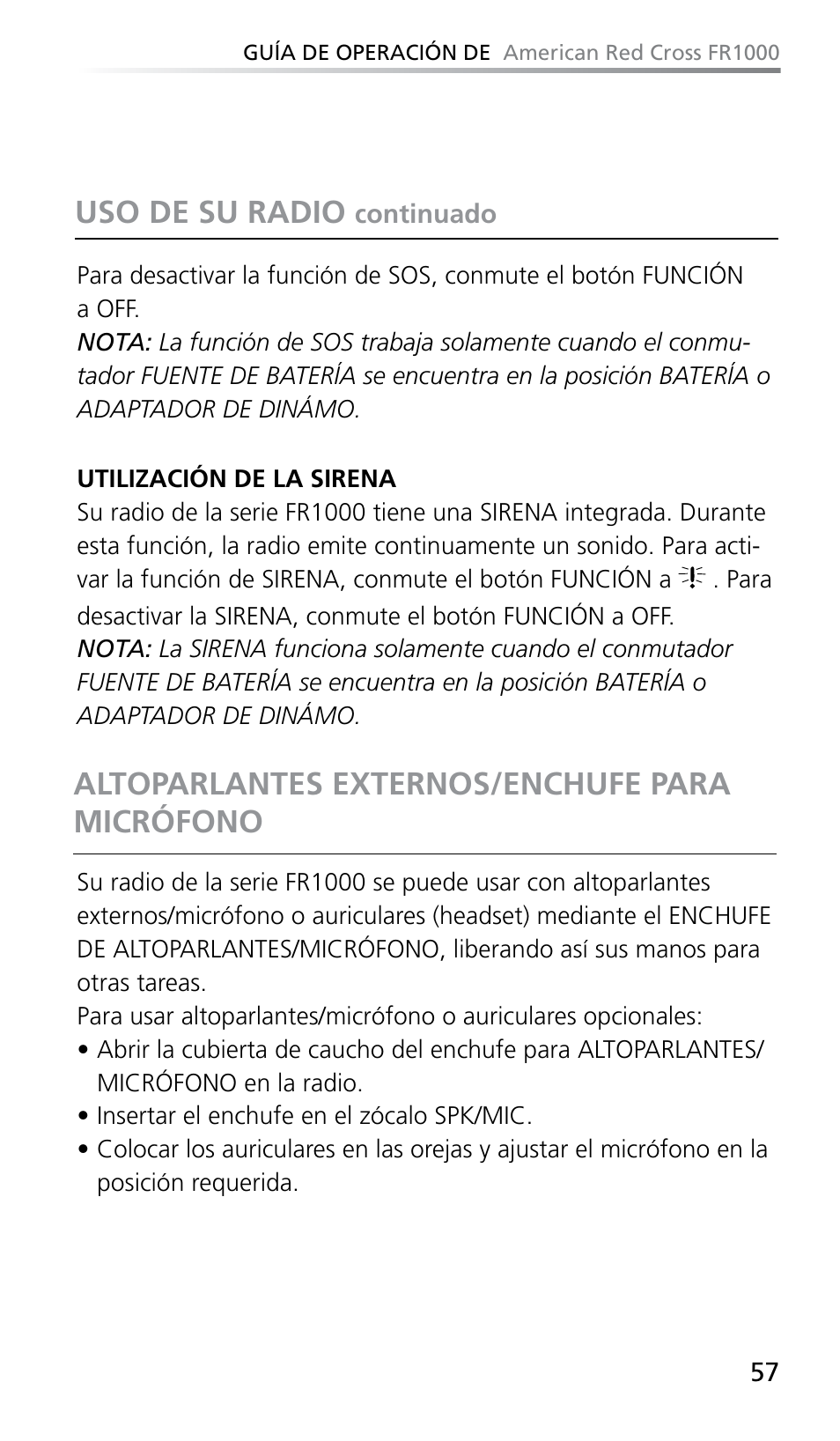 Altoparlantes externos/enchufe para micrófono, Uso de su radio | Eton FR1000 User Manual | Page 57 / 66