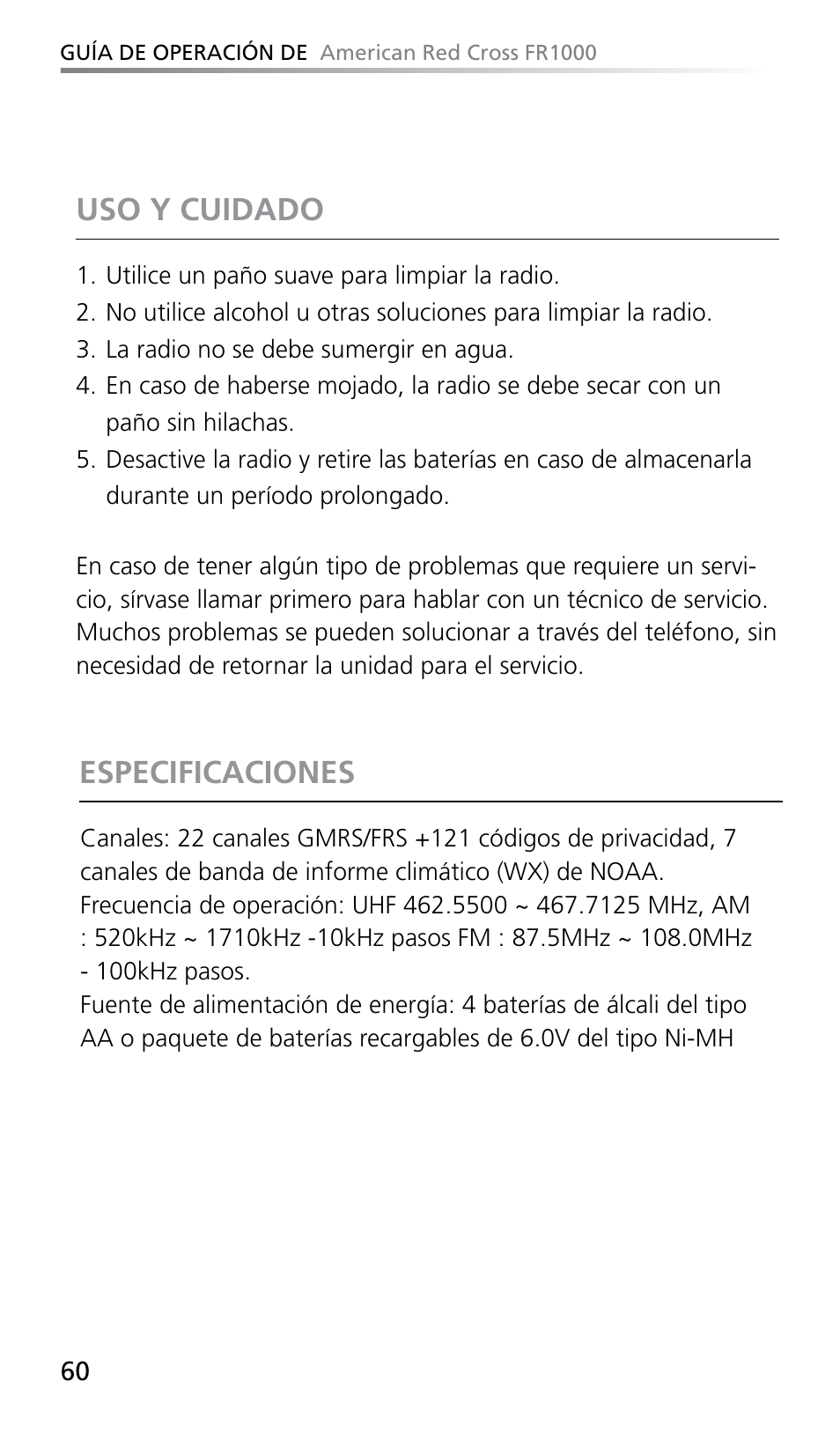 Especificaciones, Uso y cuidado | Eton FR1000 User Manual | Page 60 / 66