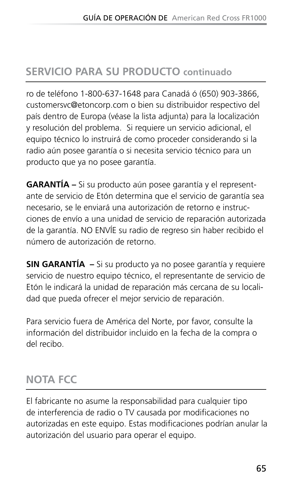 Servicio para su producto, Nota fcc | Eton FR1000 User Manual | Page 65 / 66