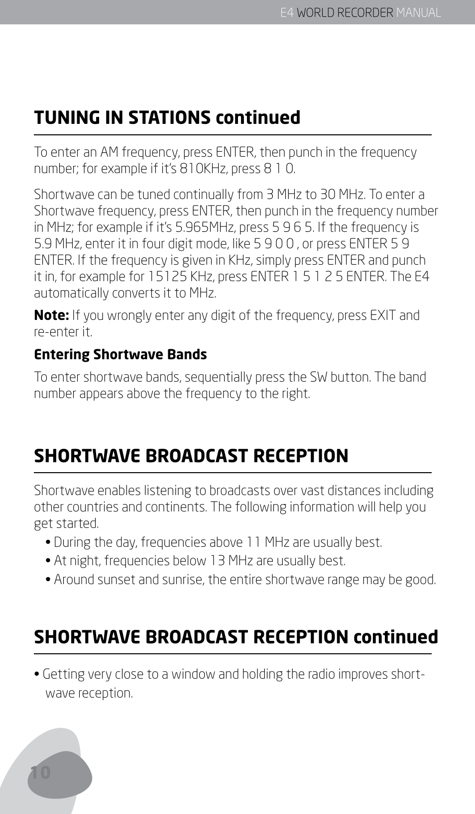 Tuning in stations continued, Shortwave broadcast reception, Shortwave broadcast reception continued | Eton E4 User Manual | Page 10 / 140